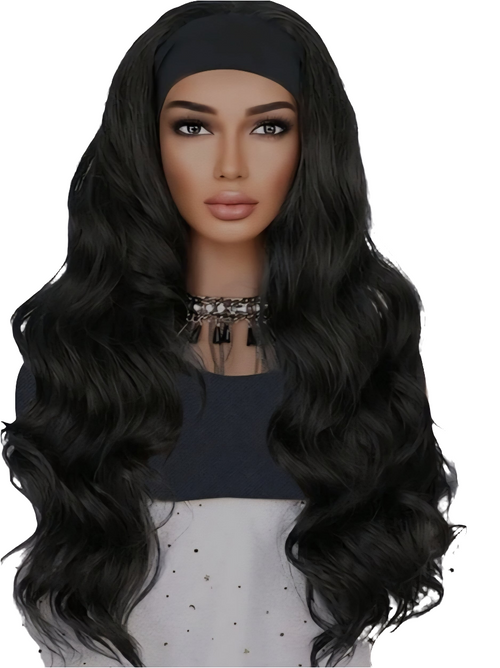 26 inch Heat resistant Voluminous black headband wig
